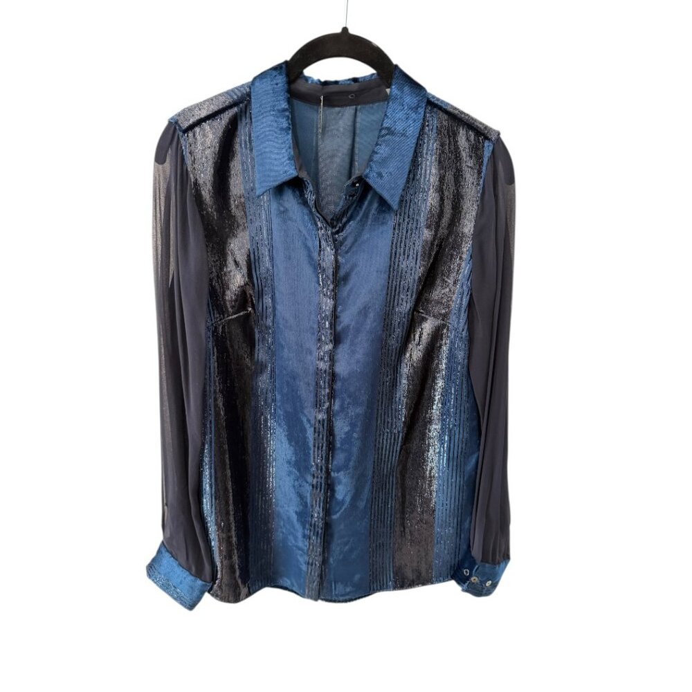 Elie Tahari Blue Velvet & Silk Sheer Blouse Metallic Stripe Button Down XS